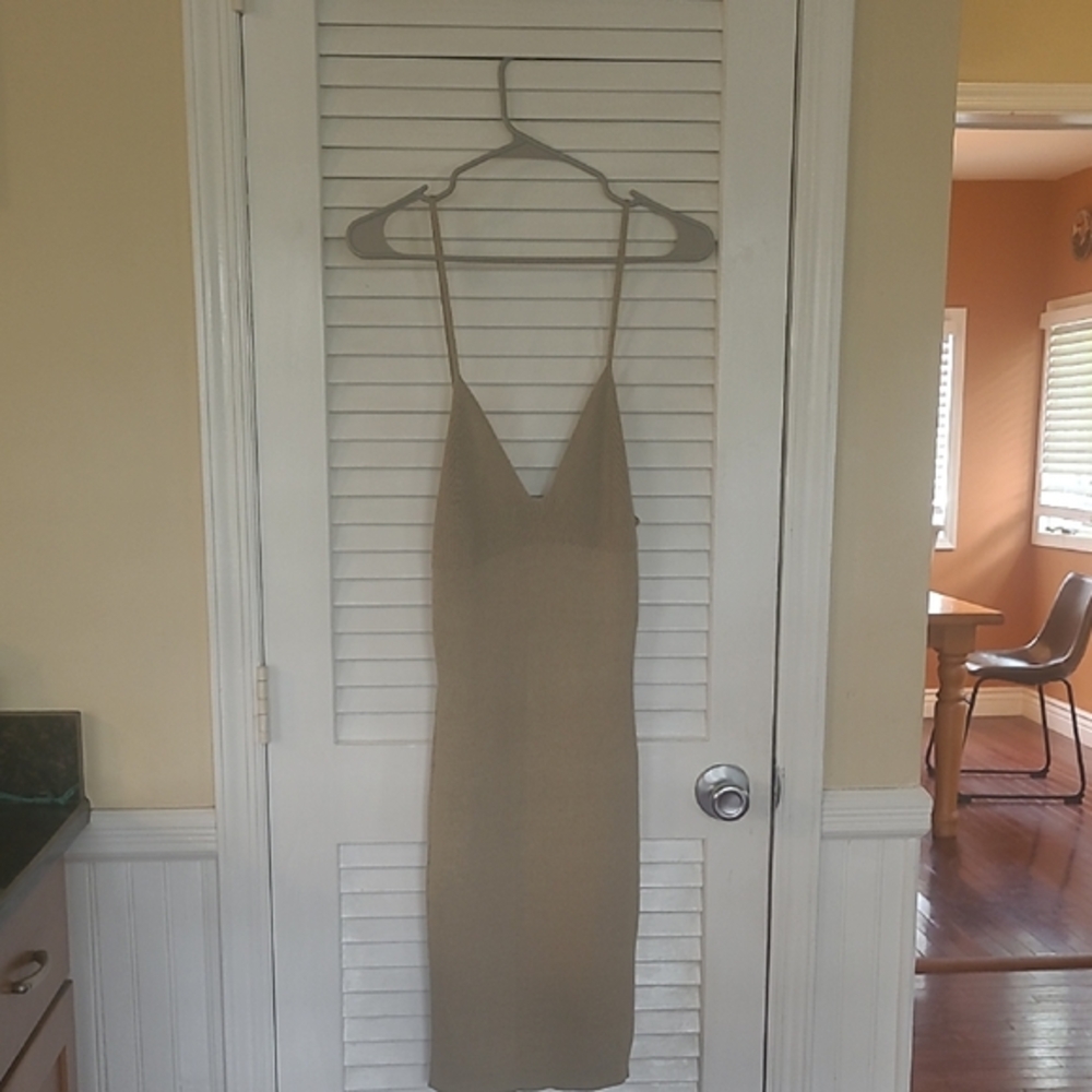 Chic Tan Midi Dress with Spaghetti Straps